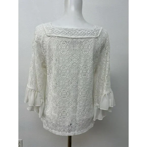 White House Black Market Lined White Lace Top Chiffon Ruffle Sleeves Sze S - Picture 8 of 16